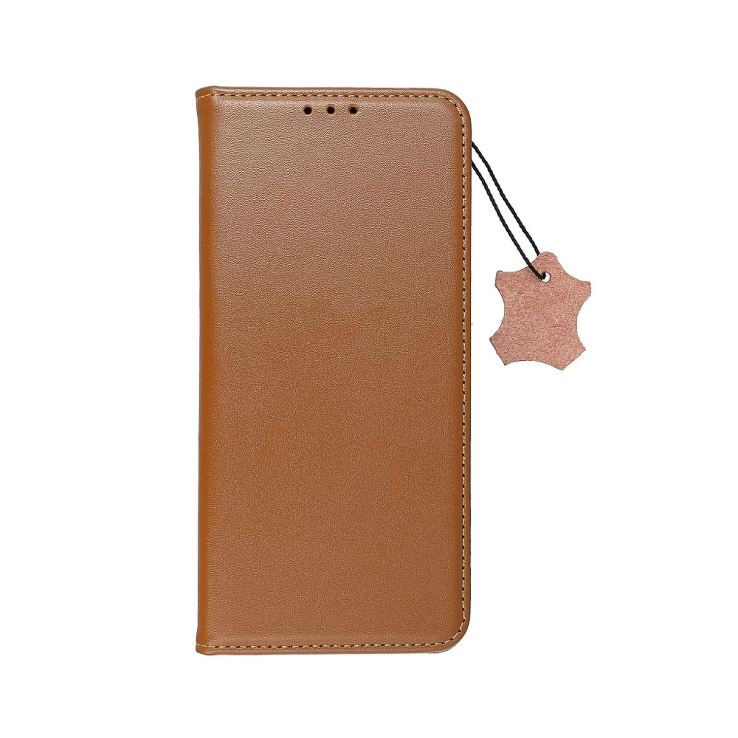 Custodia per telefono in pelle marrone. Ha un bordo cucito e una piccola etichetta in pelle.