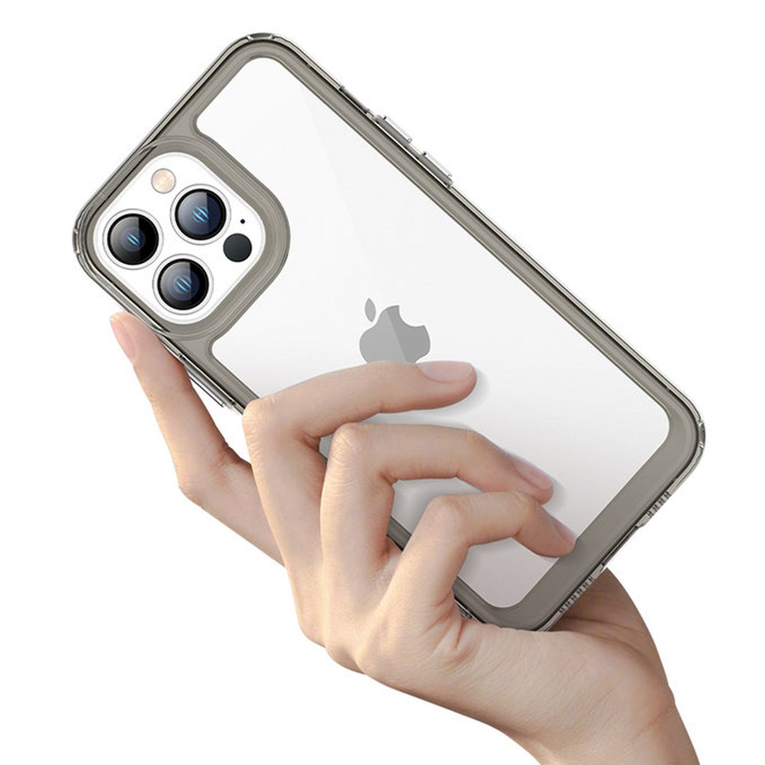 Hand hält ein Telefon in einer durchsichtigen Hülle. Hülle hat graue Ränder, schützt das Telefon.