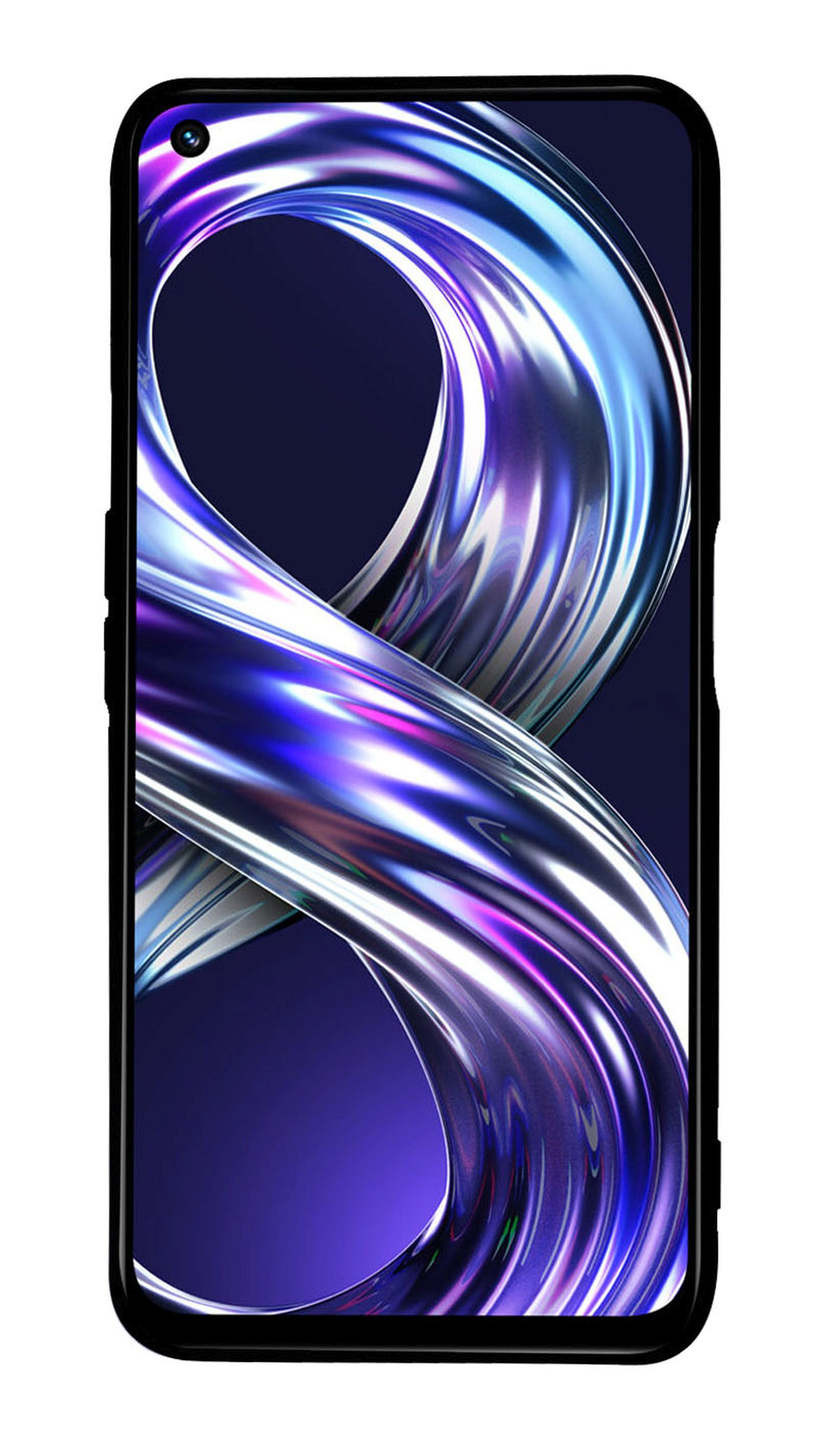 Ein schwarzes Smartphone mit großem Bildschirm, der ein abstraktes Design anzeigt.