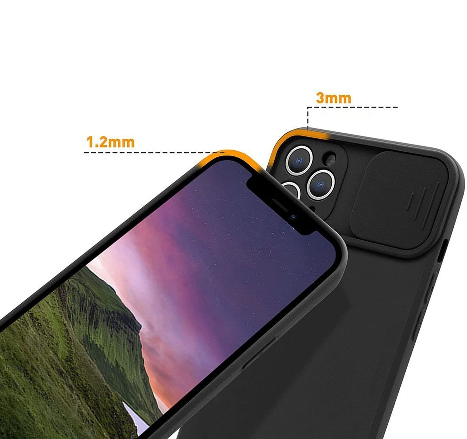 Custodia nera per telefono con copertura della fotocamera, dimensioni mostrate. Custodia angolata.