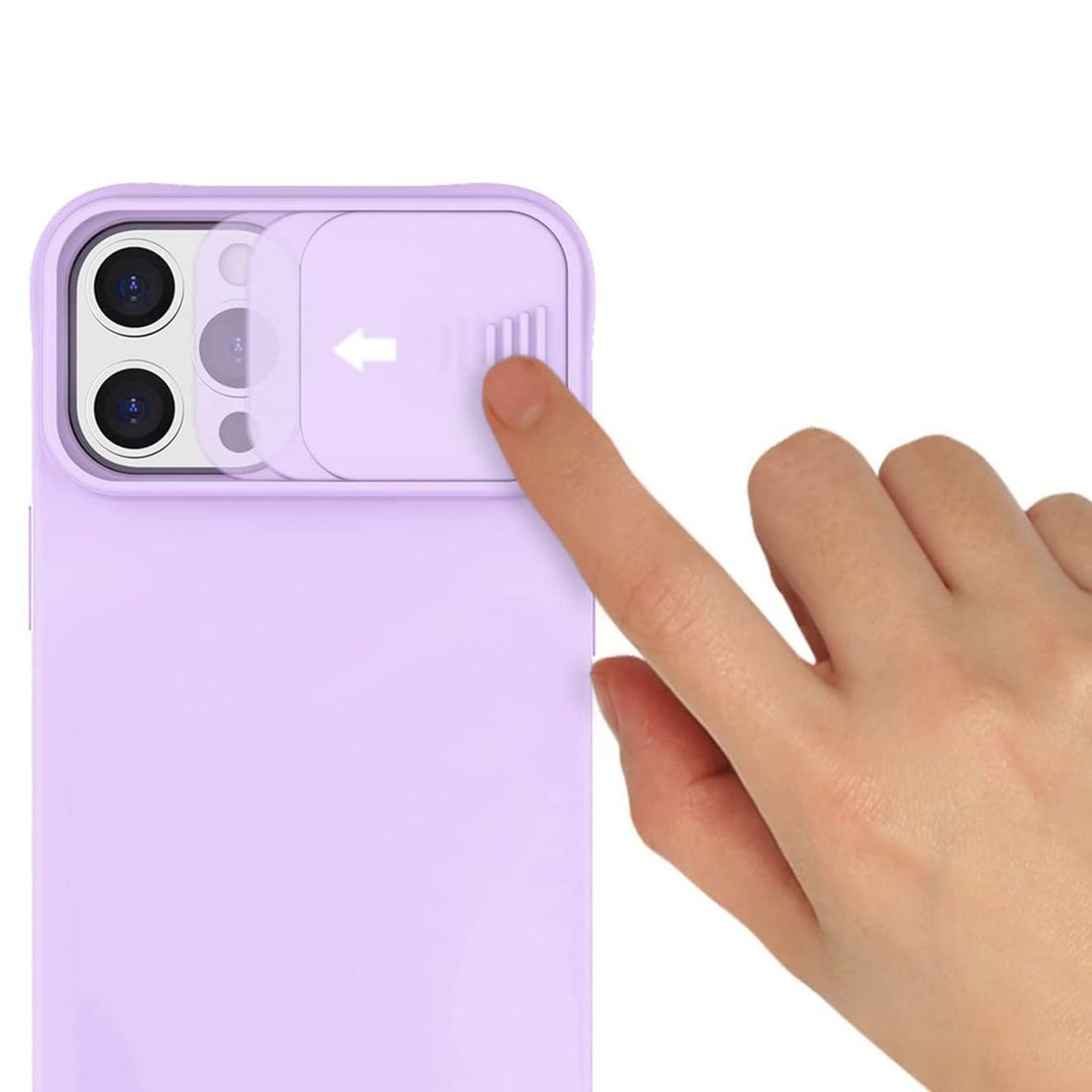 Hand bedient Telefon mit lavendelfarbener Hülle. Die Hülle hat eine verschiebbare Kameraabdeckung.
