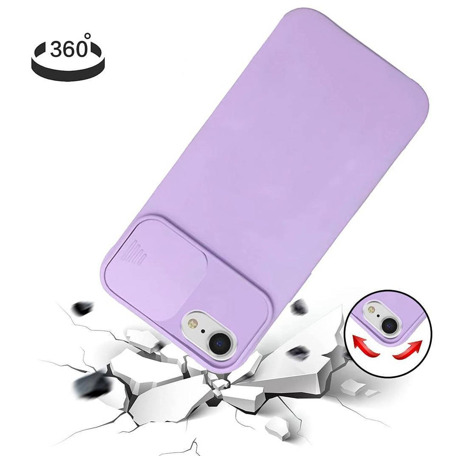 Eine lilafarbene Handyhülle mit Kameraabdeckung. Text: 360. Die Hülle liegt auf einer weißen Oberfläche mit Rissen.