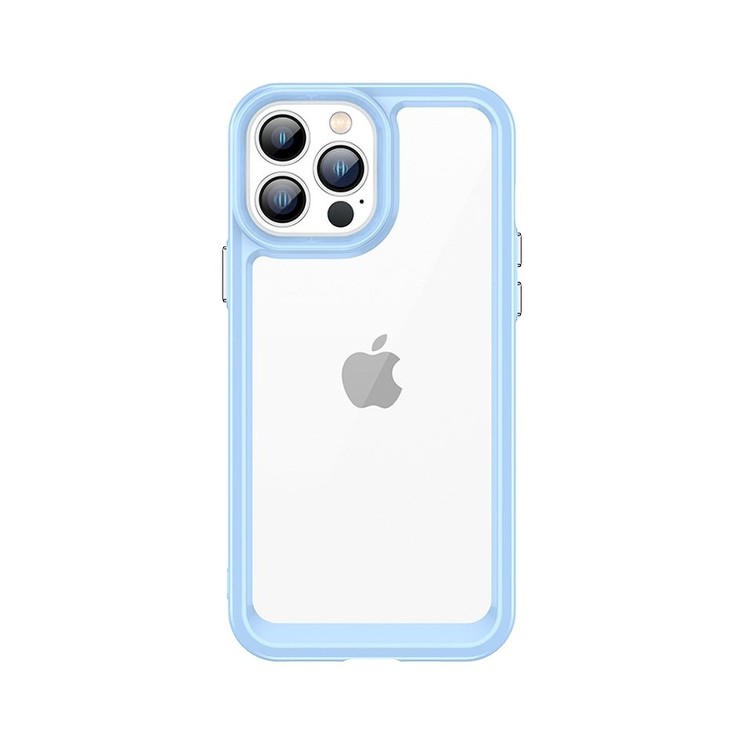 Eine blaue iPhone-Hülle mit durchsichtigem Rücken und hellblauem Rahmen. Das Apple-Logo ist sichtbar.