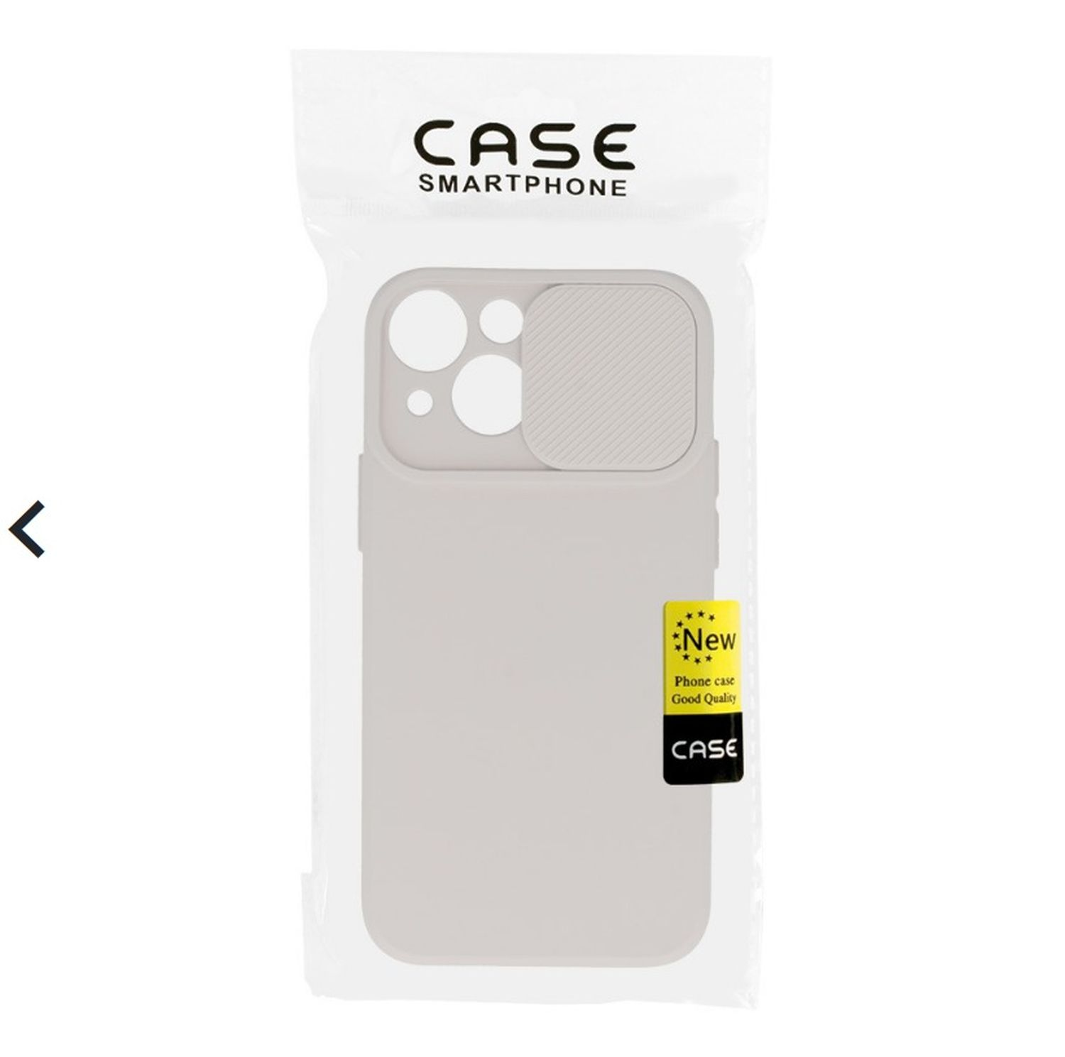 Confezione trasparente di custodia per telefono con una custodia grigio chiaro all'interno.