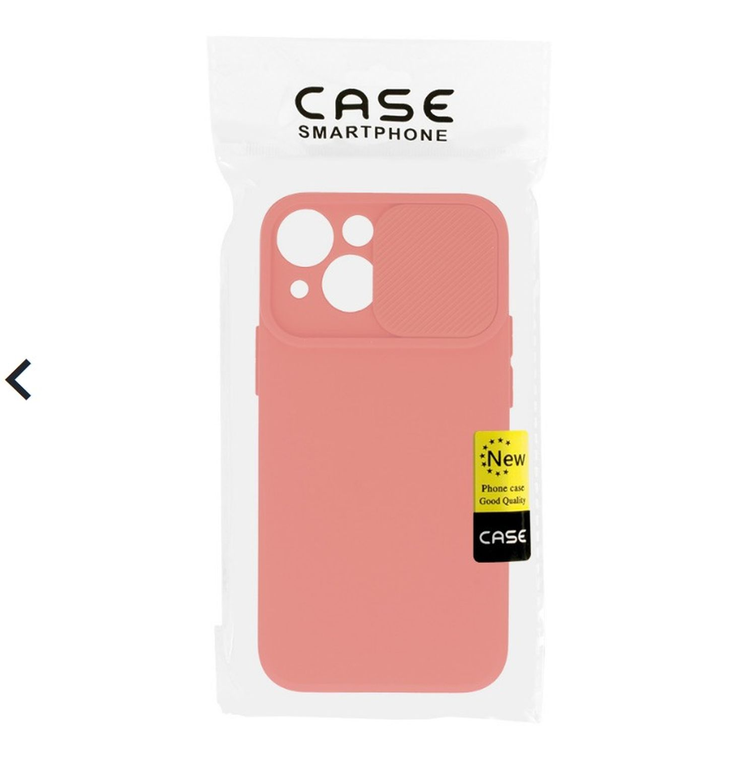 Rosafarbene Handyhülle in einer durchsichtigen Plastikverpackung. Text: 'CASE SMARTPHONE'.