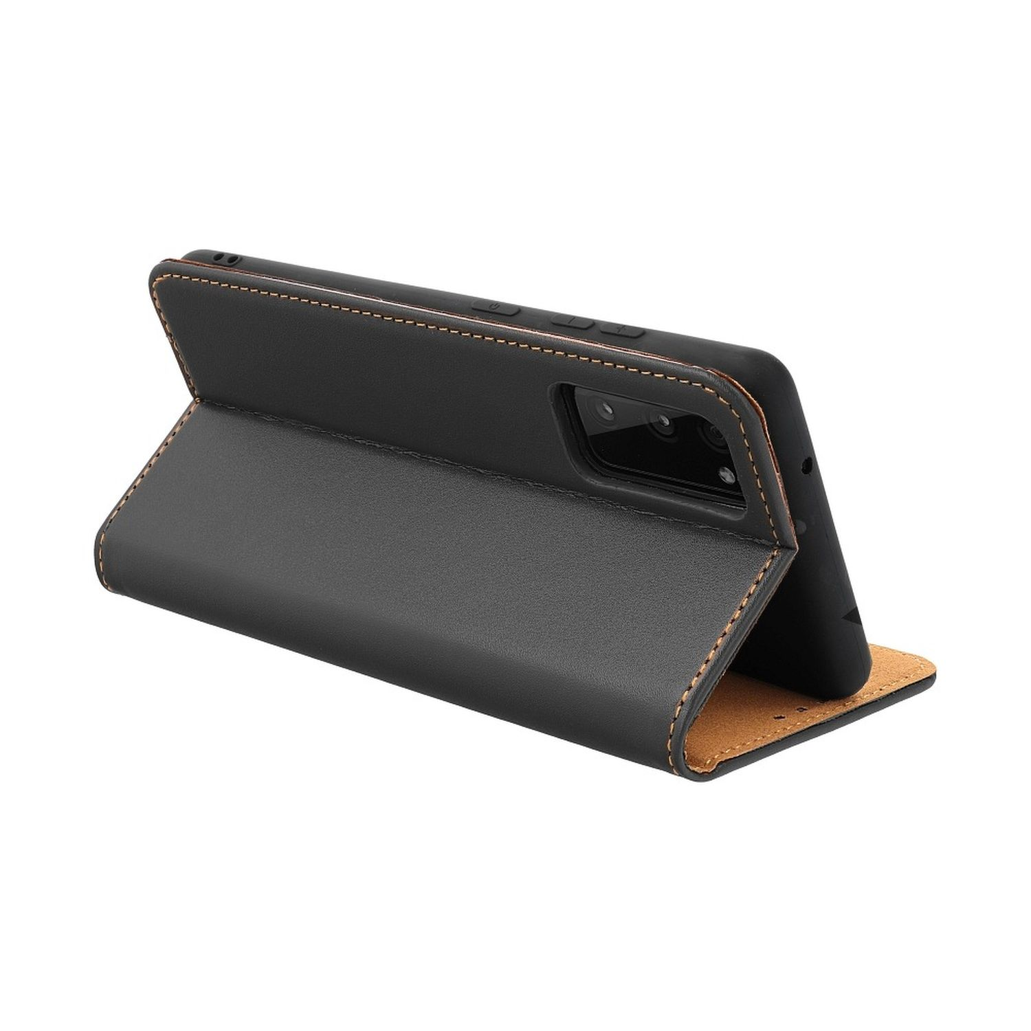 Schwarze Leder-Handyhülle mit braunen Nähten, geöffnet, Telefon sichtbar.