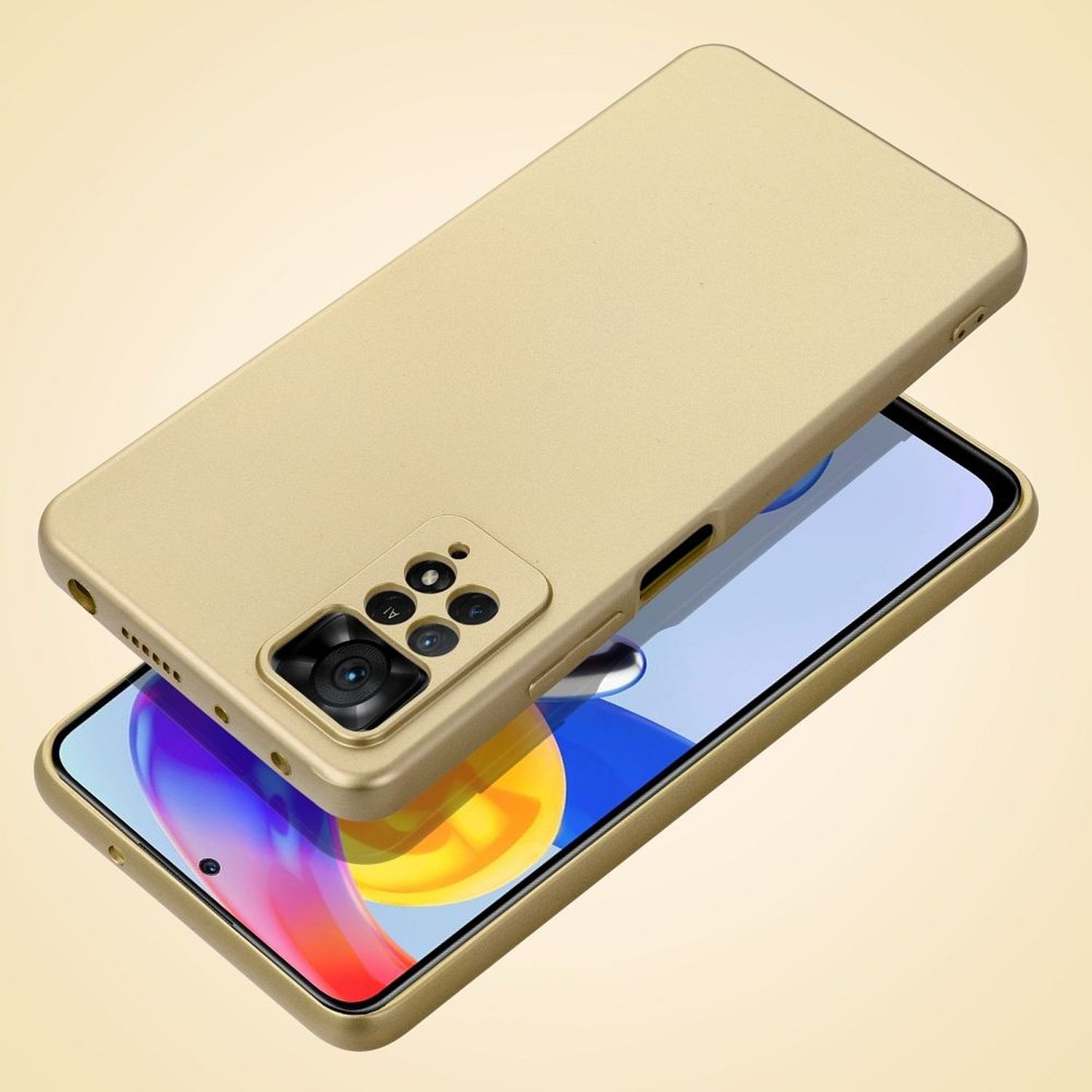 Goldene Handyhülle mit einem Telefon darin. Die Hülle bedeckt die Rückseite und die Seiten des Telefons.