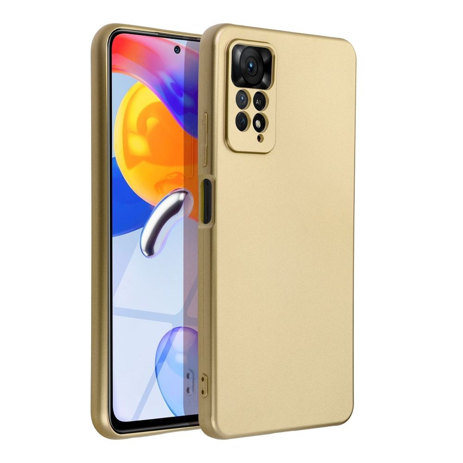 Goldene Handyhülle mit Handy. Kamera-Erhebung sichtbar.