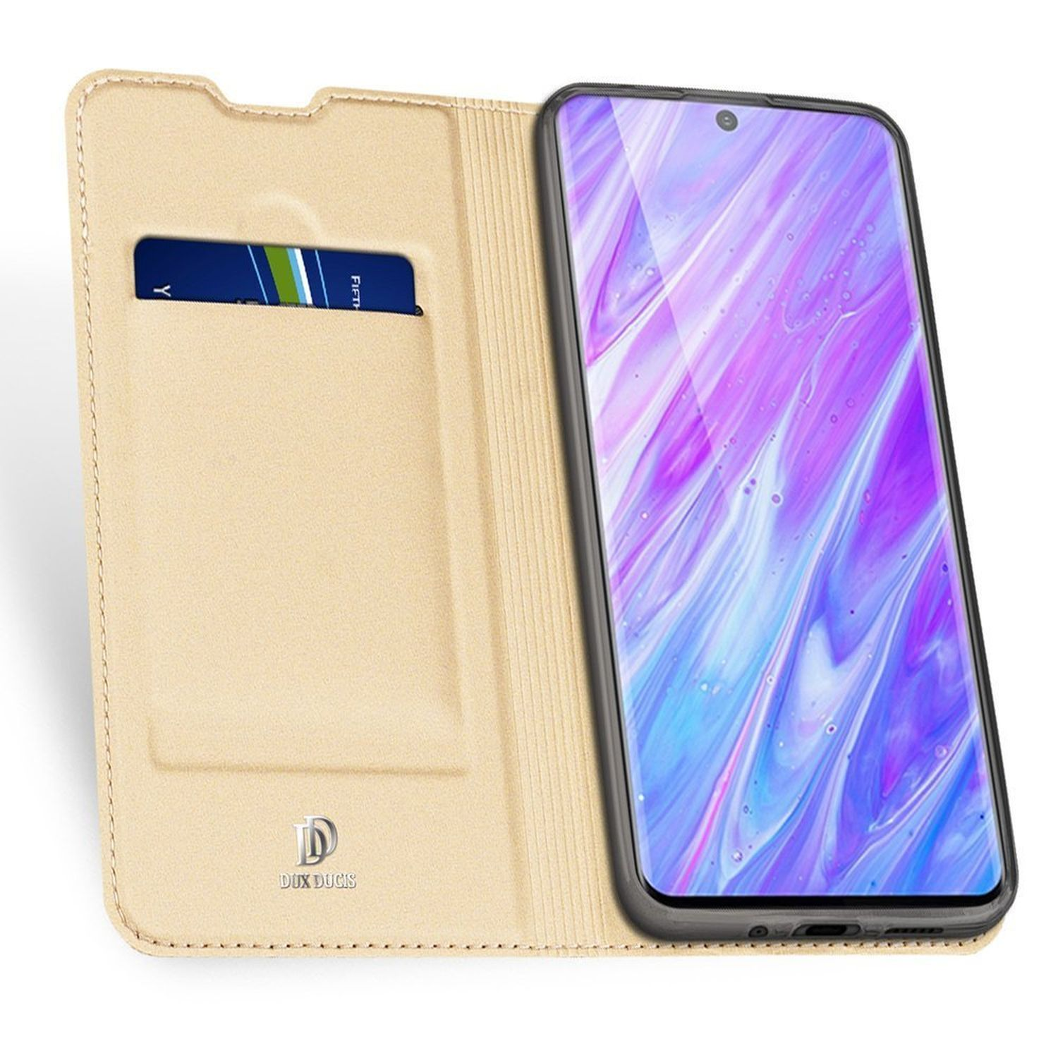 Eine beige Handyhülle mit einem Telefon darin, das einen lila und weißen Bildschirm zeigt.