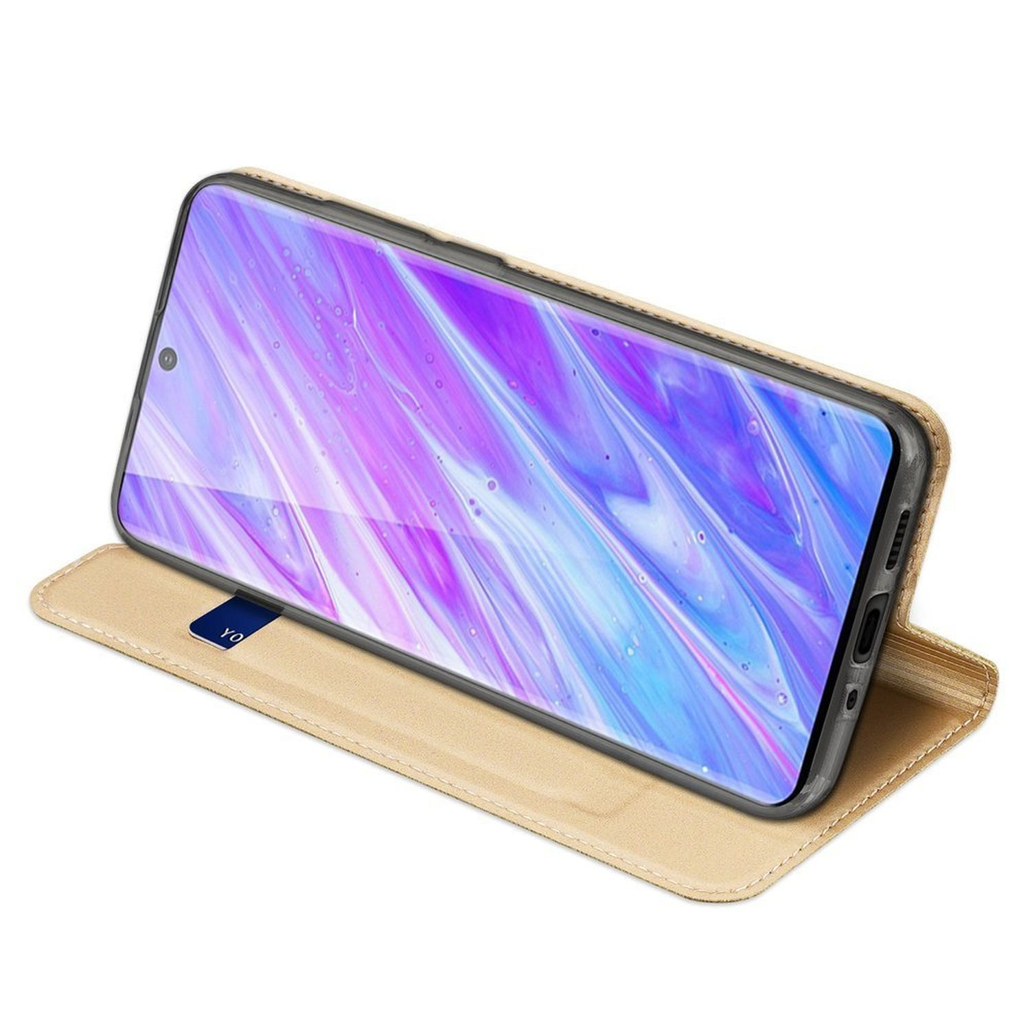 Smartphone in einer beigen Handyhülle, geöffnet, um den Bildschirm mit einer lebendigen Szene anzuzeigen.