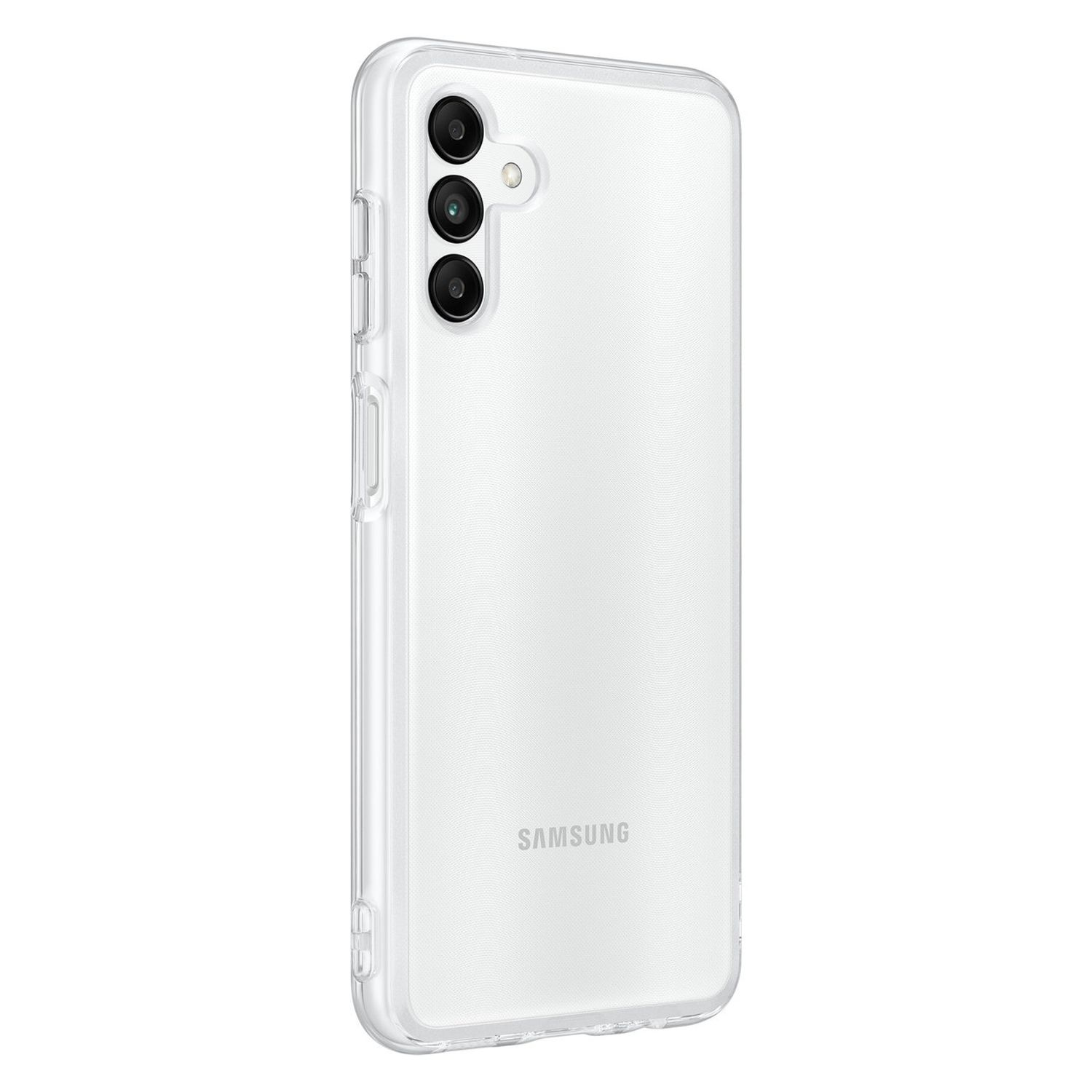 Eine transparente Handyhülle mit Dreifach-Kamera-Setup für ein Smartphone.