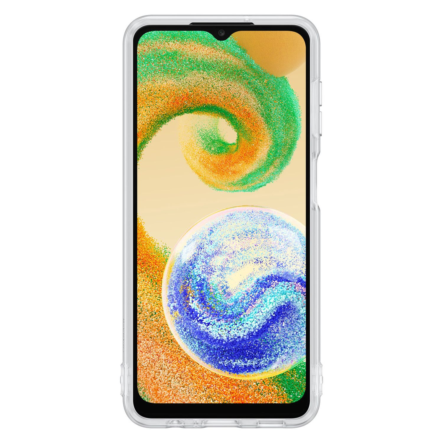Smartphone mit Bildschirm, der bunte abstrakte Formen zeigt, in einer transparenten Hülle.