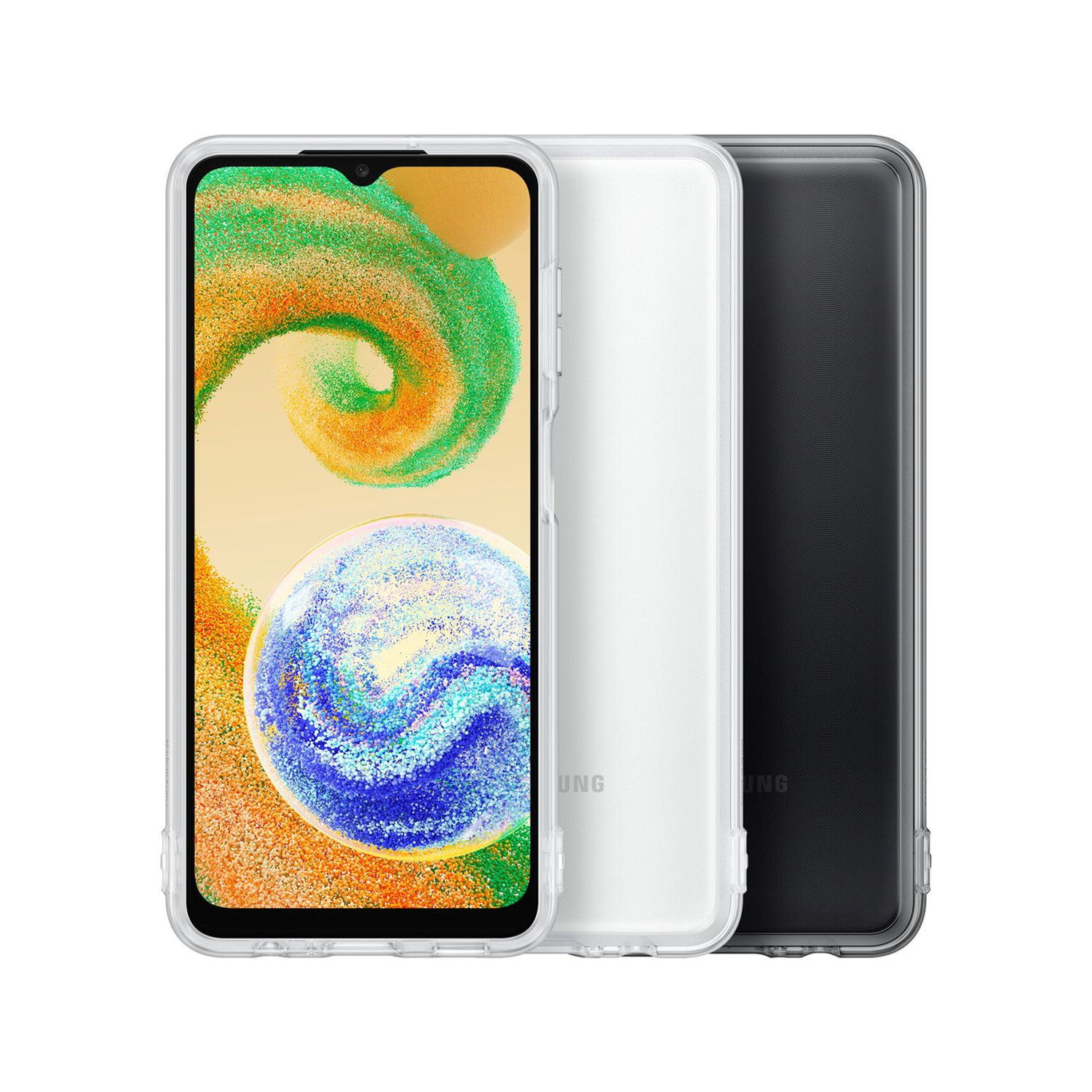Drei Telefone. Ein weißes Telefon in einem transparenten Gehäuse, eines mit weißer Rückseite und eines mit schwarzer Rückseite.