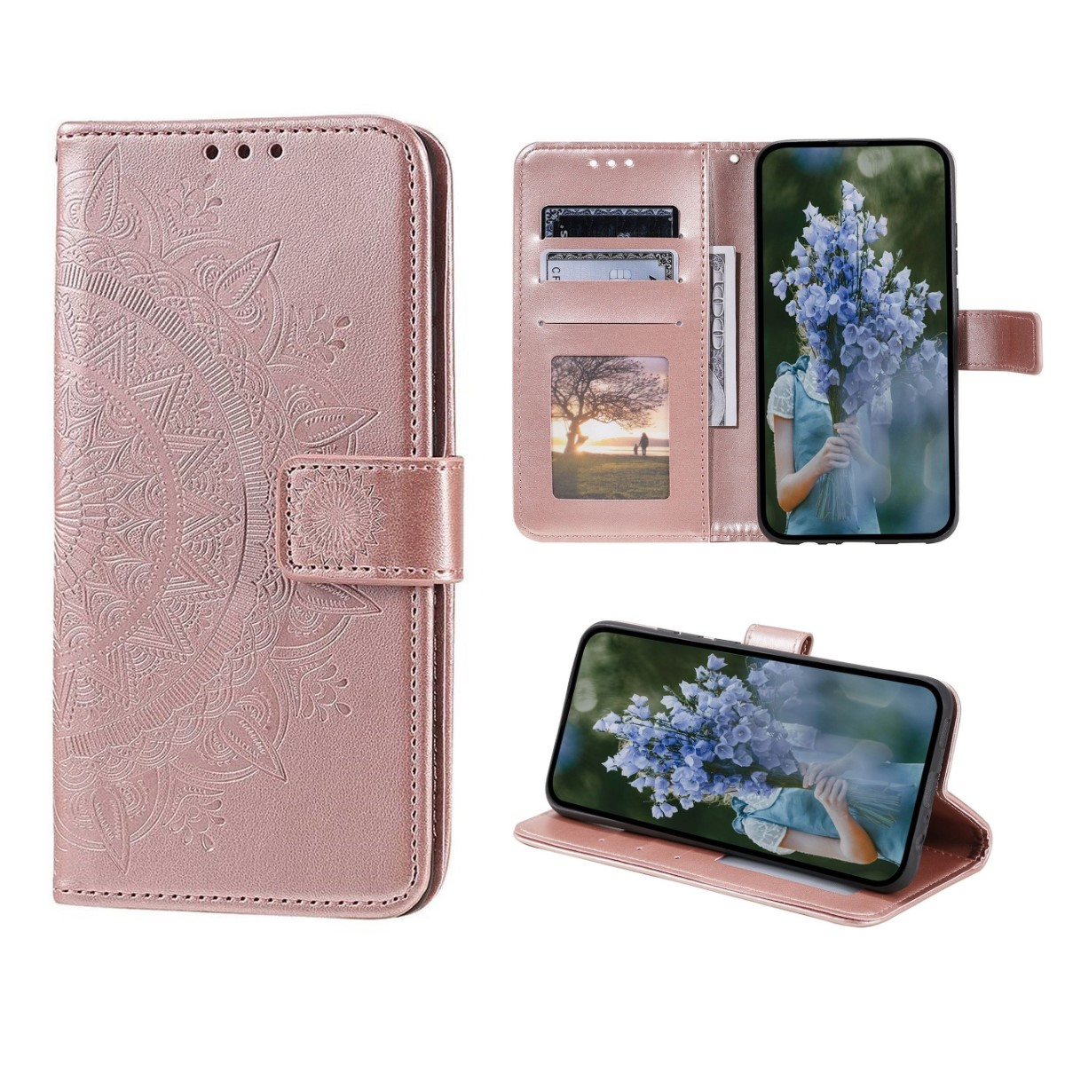 mit Mandala Bookcover, 14 iPhone Klapphülle Muster, Apple, Pro, Rosegold COVERKINGZ
