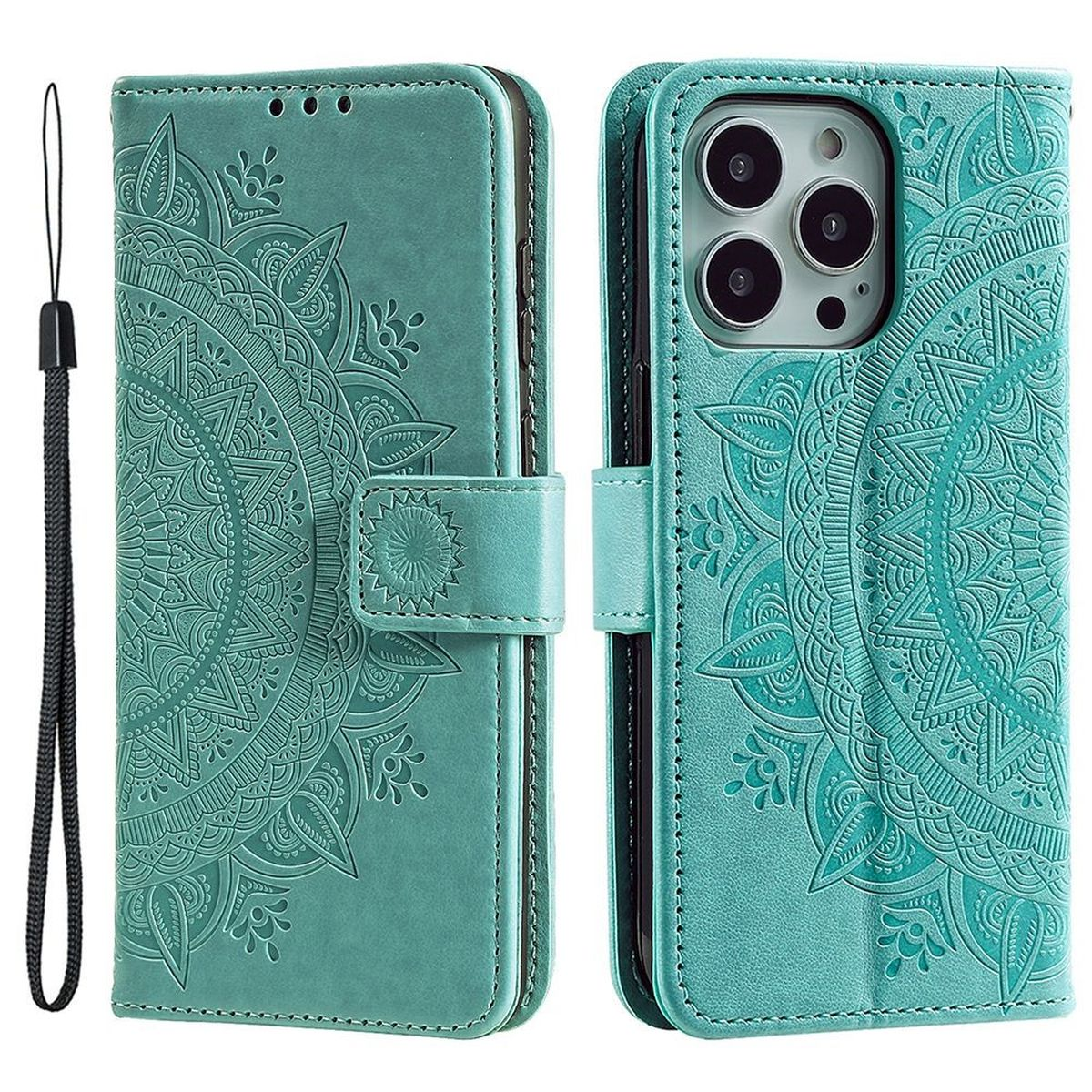 Zwei türkisfarbene Handyhüllen, offen und geschlossen, mit geprägtem Mandala-Design und Handschlaufe.