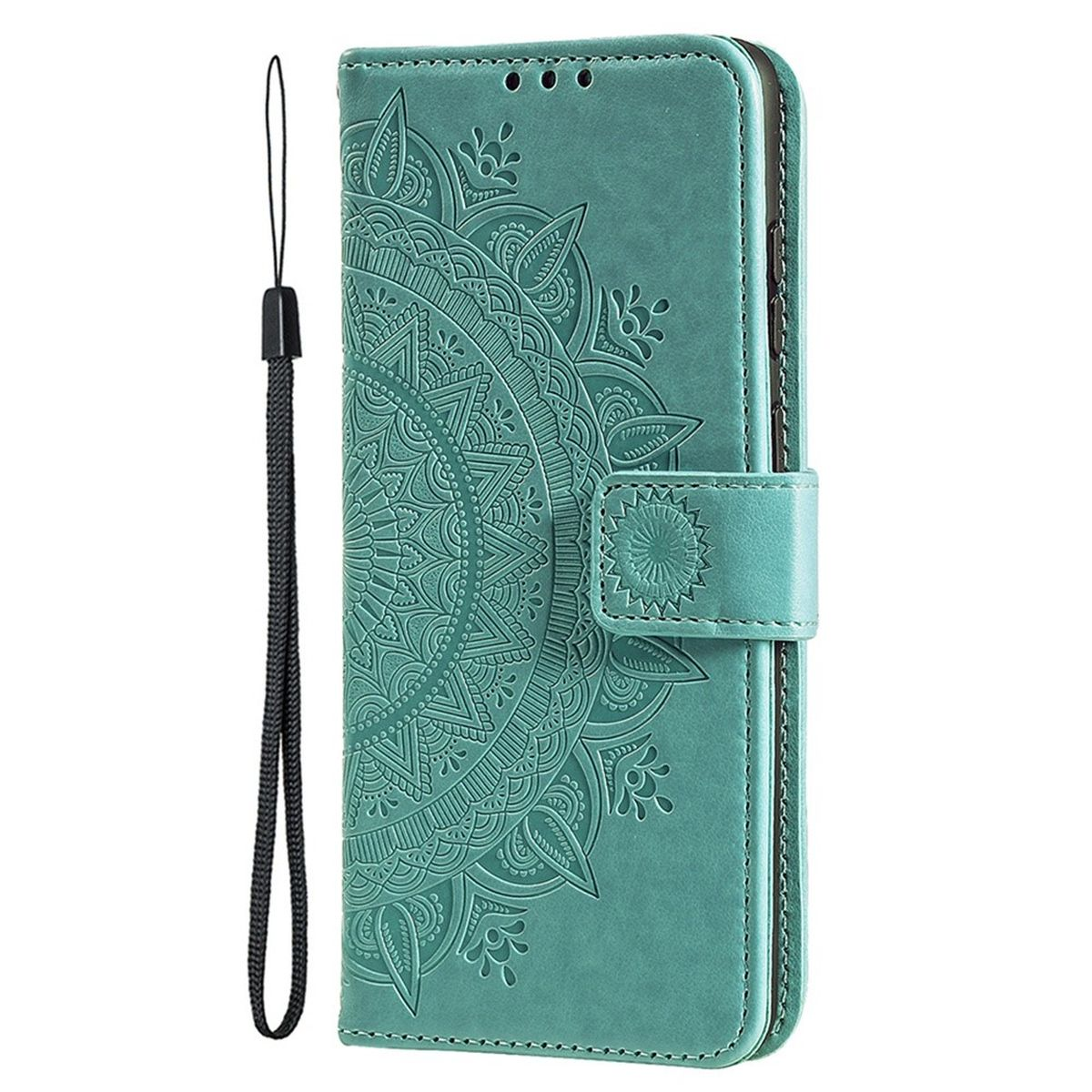 Türkisfarbene Handyhülle mit Mandala-Design, Verschluss und schwarzer Handschlaufe.