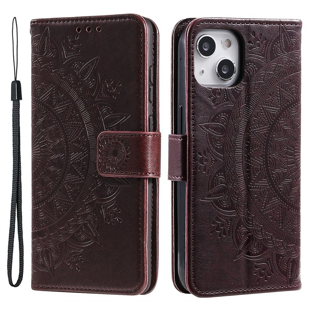 Eine braune Handyhülle mit Mandala-Design, geöffnet, um das Telefon im Inneren zu zeigen.