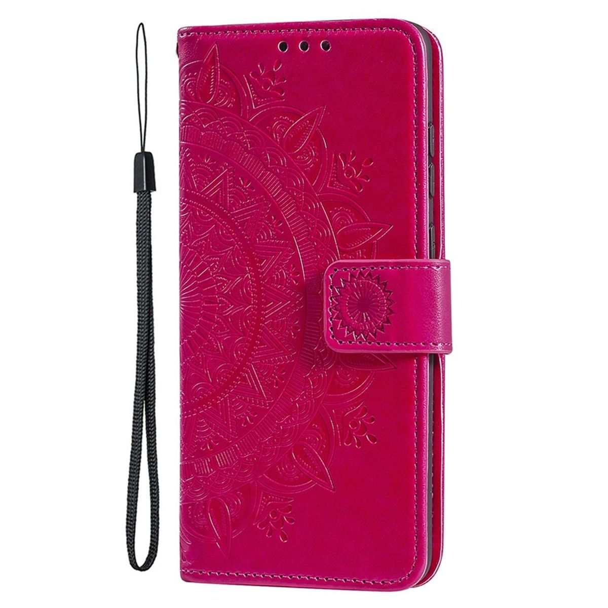 Rosa Handyhülle mit Mandala-Design, Handschlaufe und Verschluss.