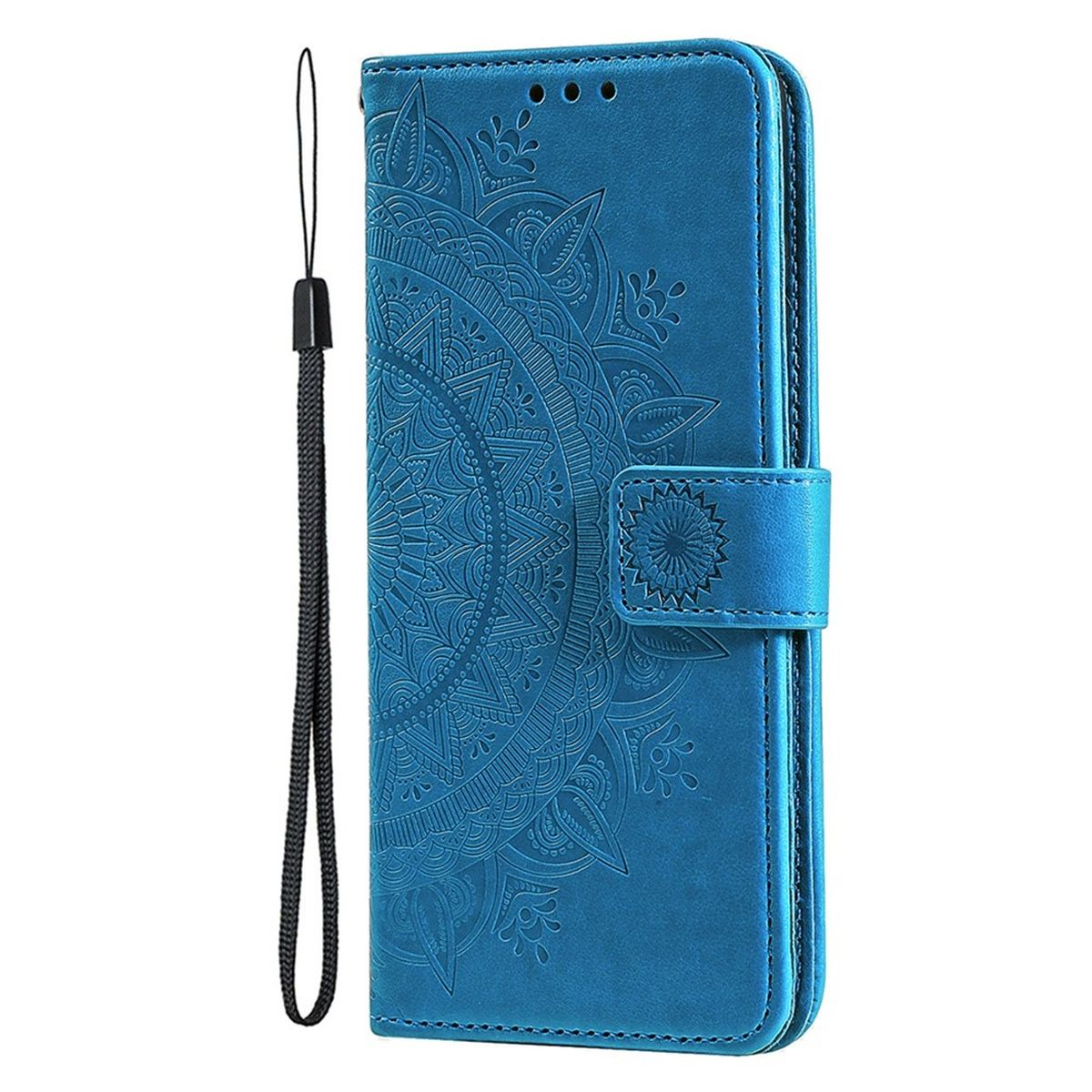 Eine blaue Handyhülle mit Mandala-Design und Riemen. Hat einen Magnetverschluss.