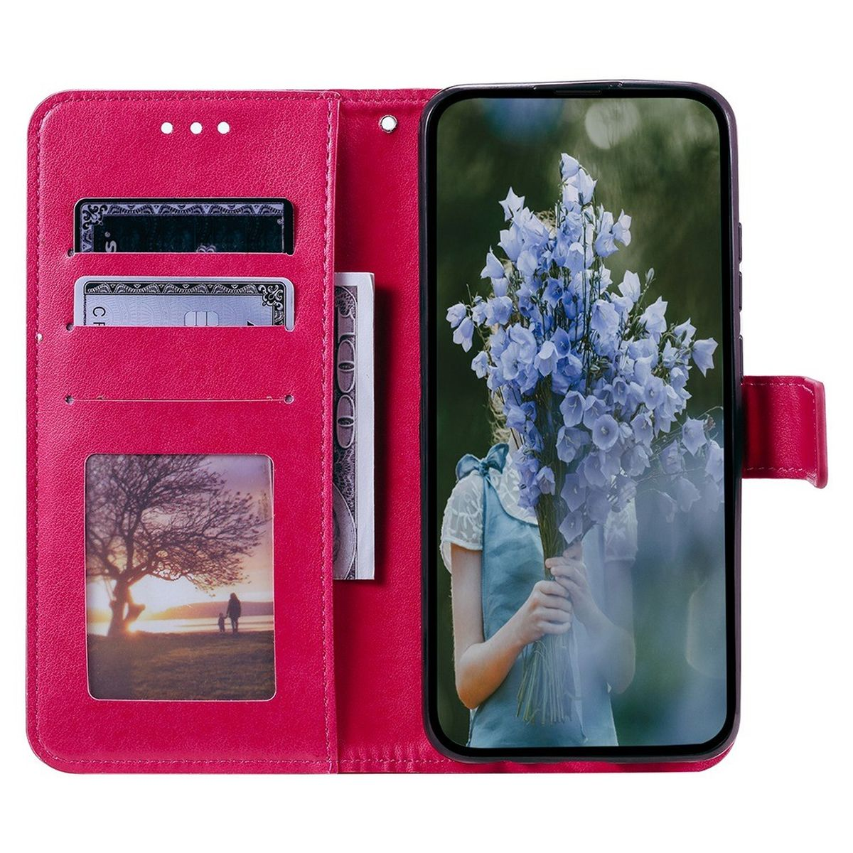 Ein rosa Telefon-Portemonnaie ist geöffnet und zeigt ein Telefon mit Blumen, Karten und einer Rechnung.