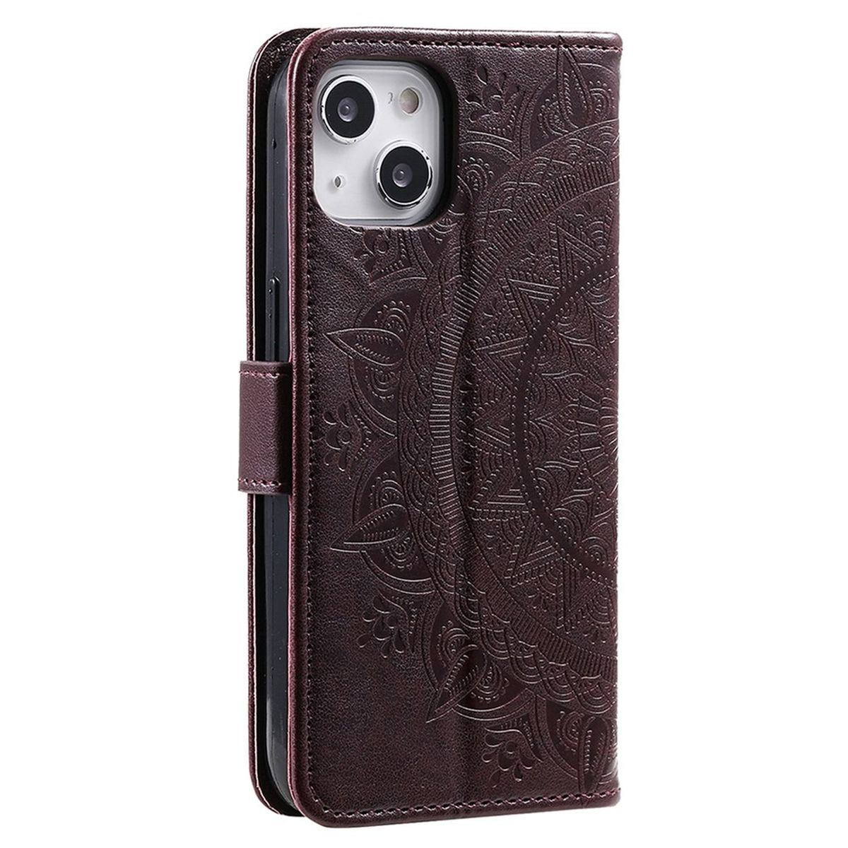Eine braune Handyhülle mit einem Mandala-Muster, offen, um ein Telefon darin und einen Magnetverschluss zu zeigen.