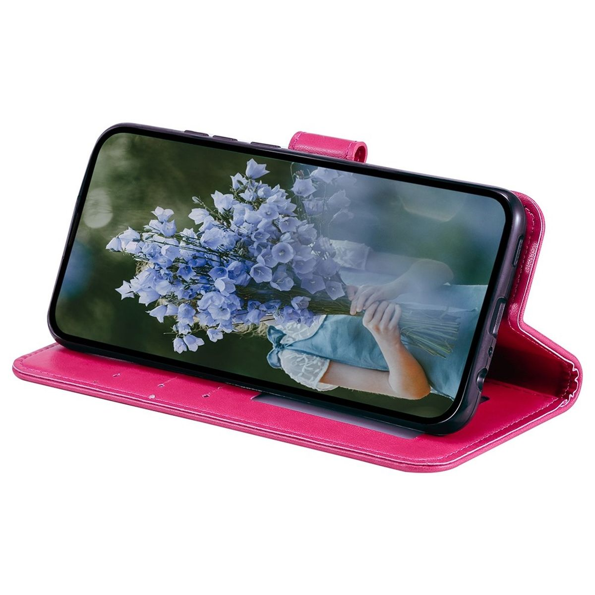 Eine pinke Handyhülle mit einem Telefon, das einen Blumenstrauß auf dem Bildschirm zeigt.