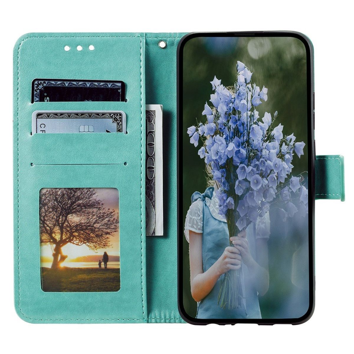 Eine offene Handyhülle mit einem Handy, das ein Mädchen mit blauen Blumen, Karten und Geld zeigt.