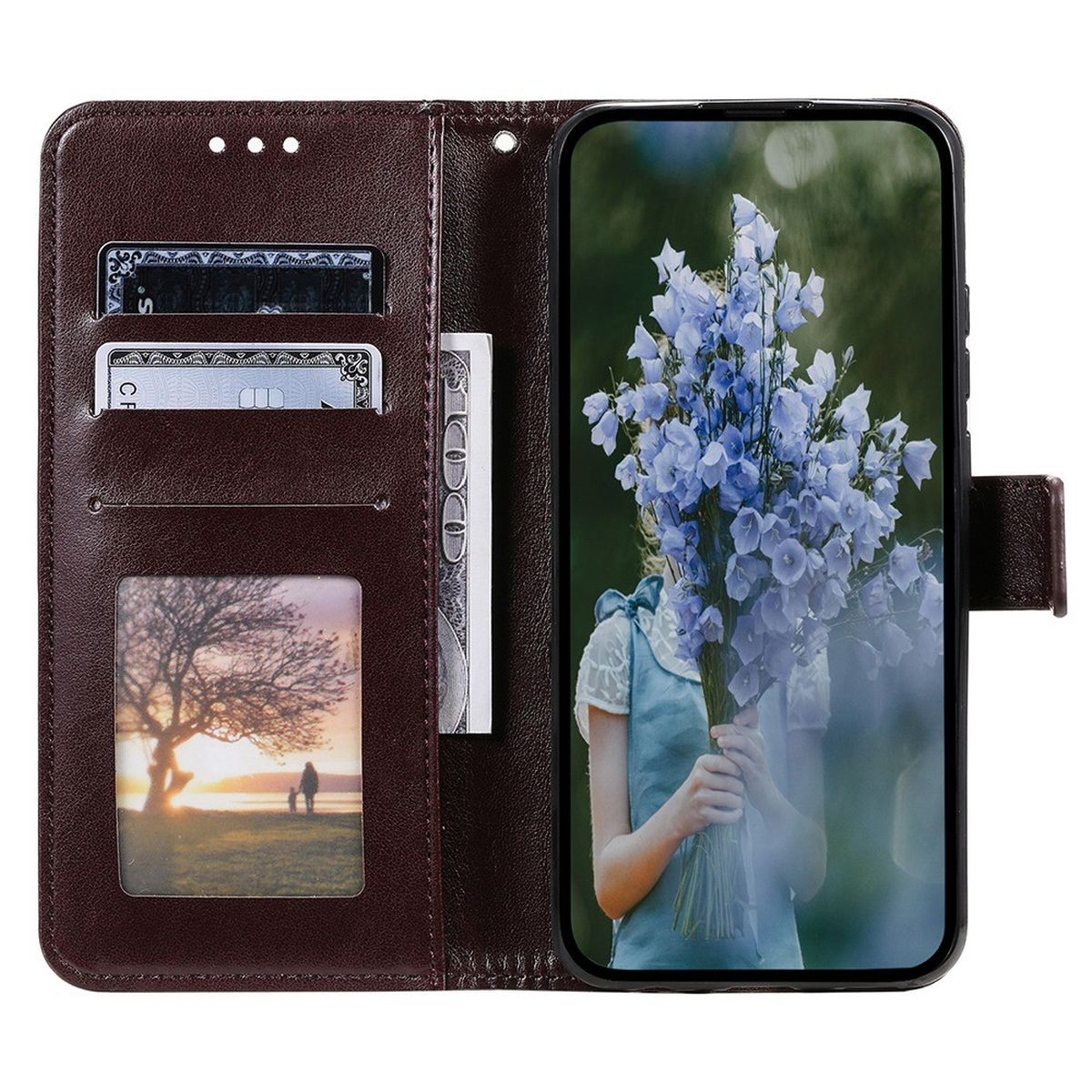 Braune Handyhülle geöffnet, zeigt Telefon mit blauem Blumenstrauß und Karten.