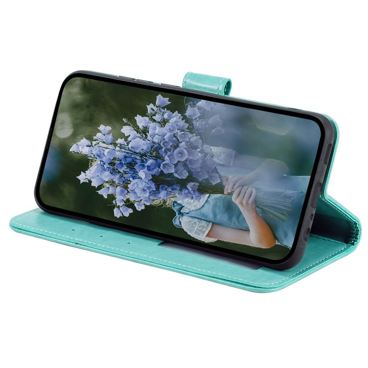 Türkisfarbene Handyhülle offen, zeigt Handybildschirm mit Blumenbild. Türkis Hintergrund.