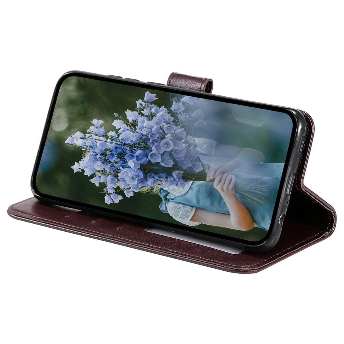 Ein Telefon in einer braunen Lederhülle. Das Telefon zeigt ein Bild von Blumen auf seinem Bildschirm.