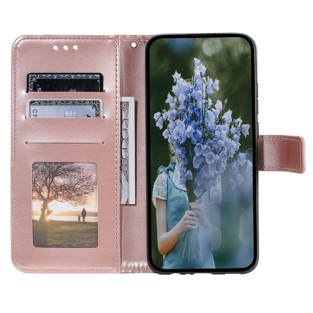 Eine pinke Handyhülle, offen, zeigt ein Telefon mit Blumentapete, Karten und Geld. Ein Bild ist innen.