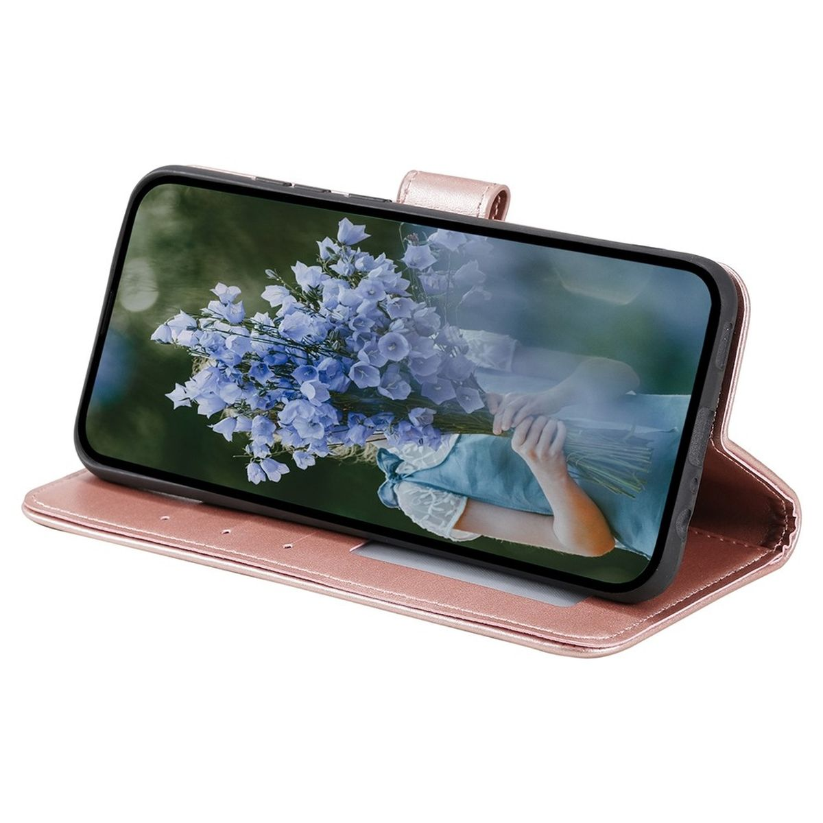 Geöffnete, rosa Handyhülle mit Telefon und Blumenbild.