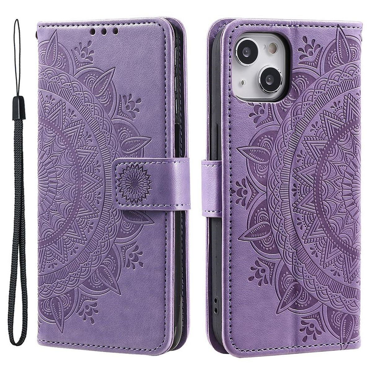Lila Handyhülle mit floralem Design. Geöffnet, zeigt es das Telefon. Ein Handgelenkband ist befestigt. Weißer Hintergrund.