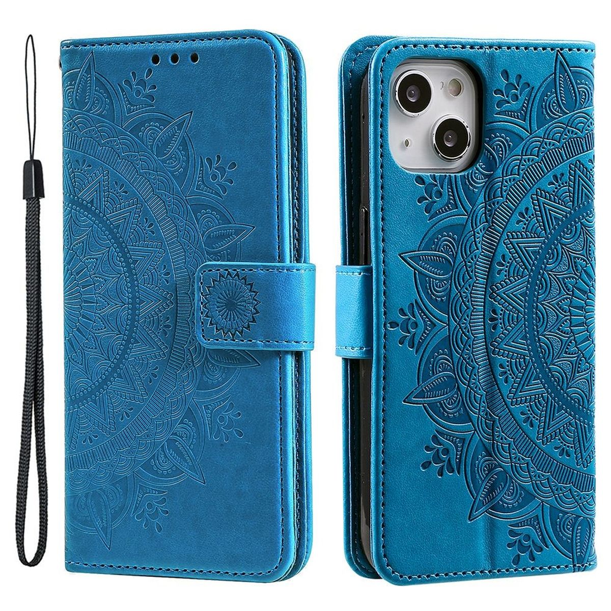 Eine blaue Handyhülle ist offen, mit einem Mandala-Muster und dem Telefon im Inneren. Es hat einen Riemen.
