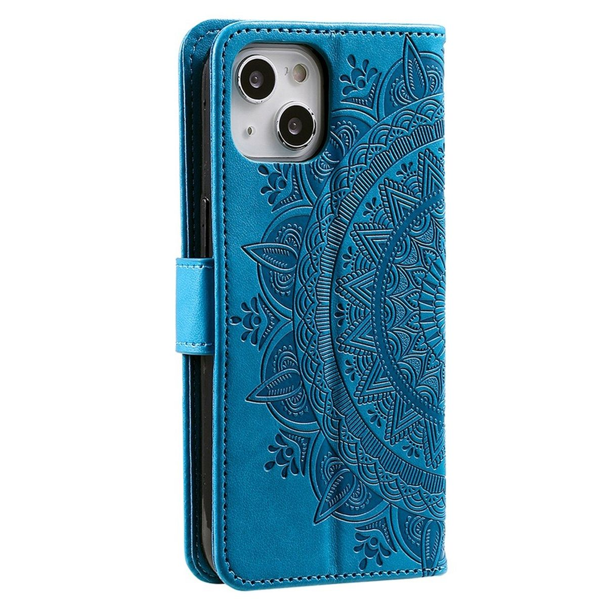 Blaue Handyhülle mit Mandala-Design. Die Hülle ist geschlossen und hat einen Riemen.