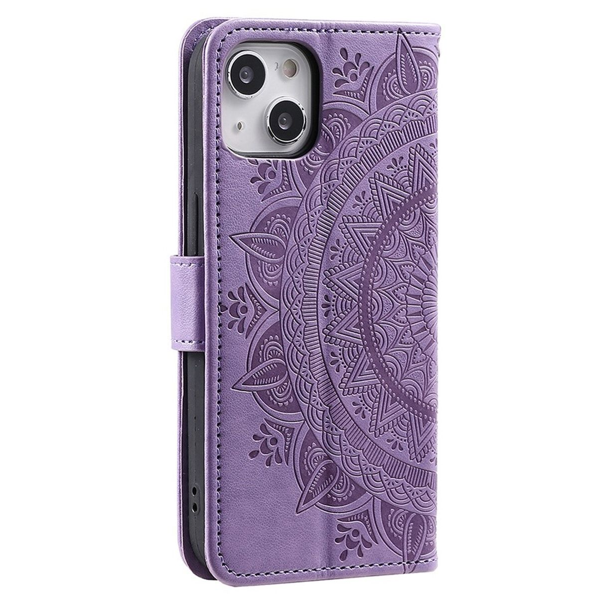 Lila Handyhülle mit geprägtem Mandala-Design und Magnetverschluss.