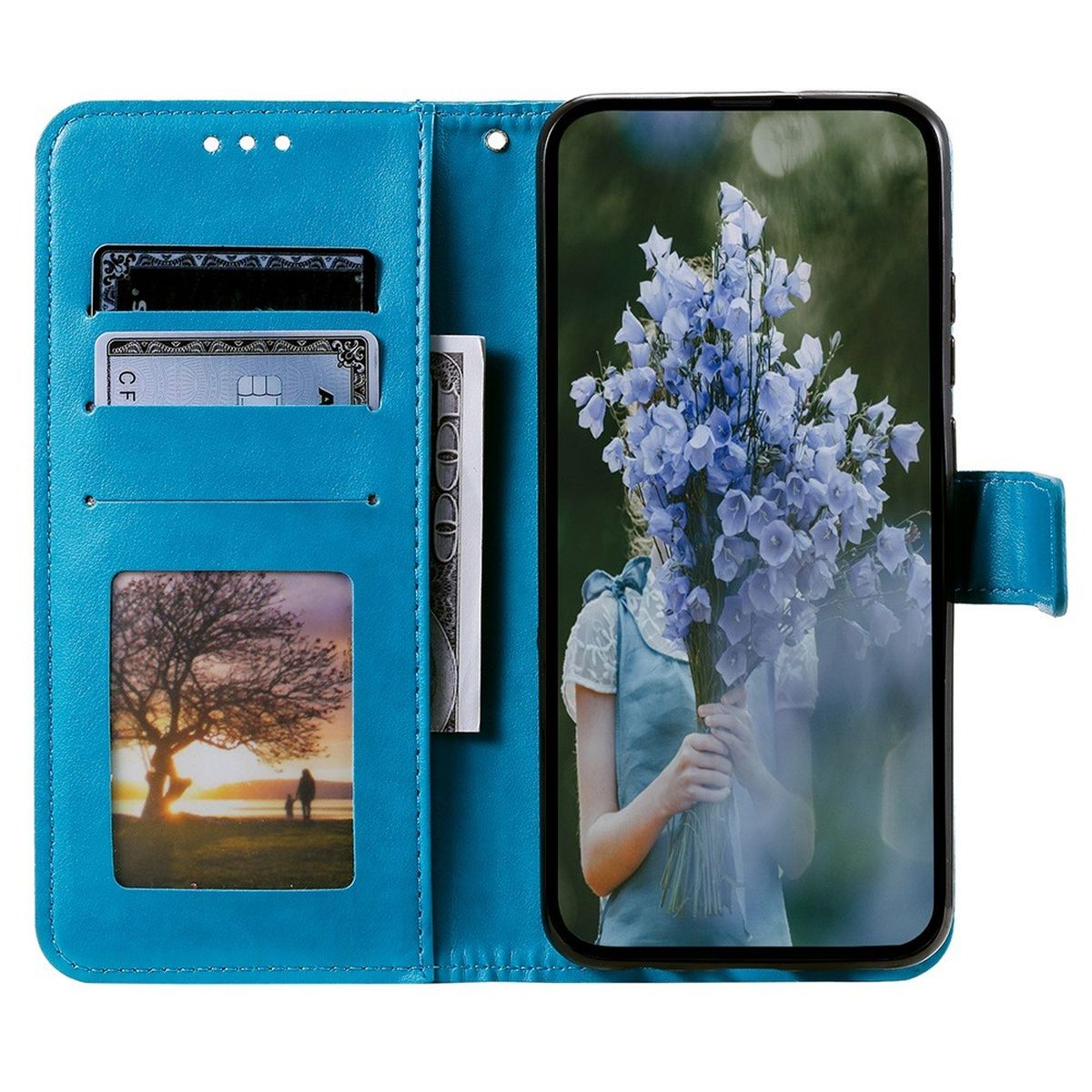 Blaue Handyhülle mit Bild einer Frau mit Blumen. Kreditkarten und ein Foto sind ebenfalls enthalten.