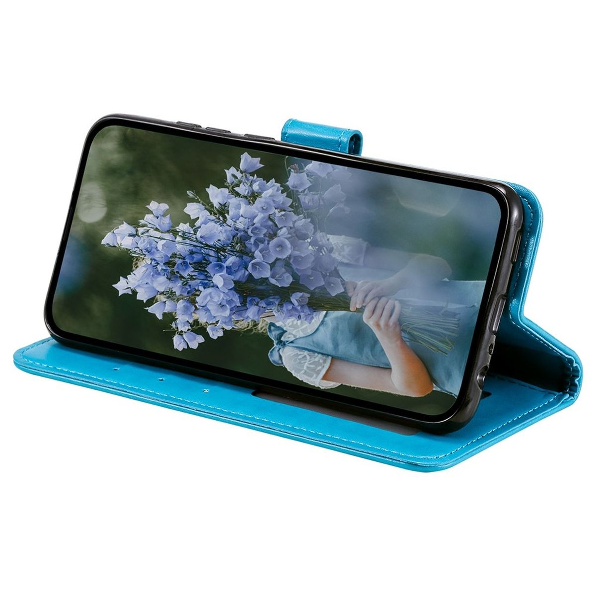 Ein Smartphone in einem blauen Hüllen-Etui, das ein Bild von blauen Blumen zeigt.