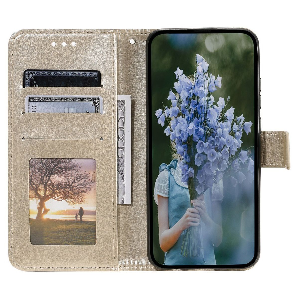 Geöffnete beige Handyhülle mit Karten, Geld und Foto. Telefon zeigt Frau mit Blumen.