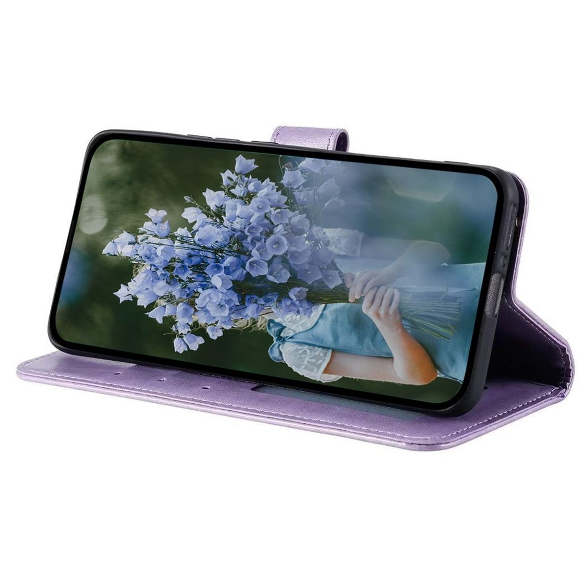 Lila Handyhülle mit Blumenstrauß auf dem Handy-Bildschirm.