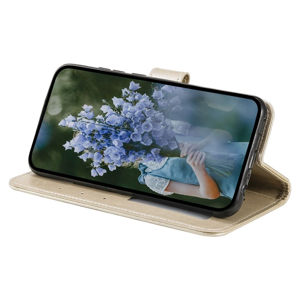 Handyhülle mit Telefon, das eine Frau mit einem Blumenstrauß zeigt. Goldene Hülle, grüner Hintergrund.