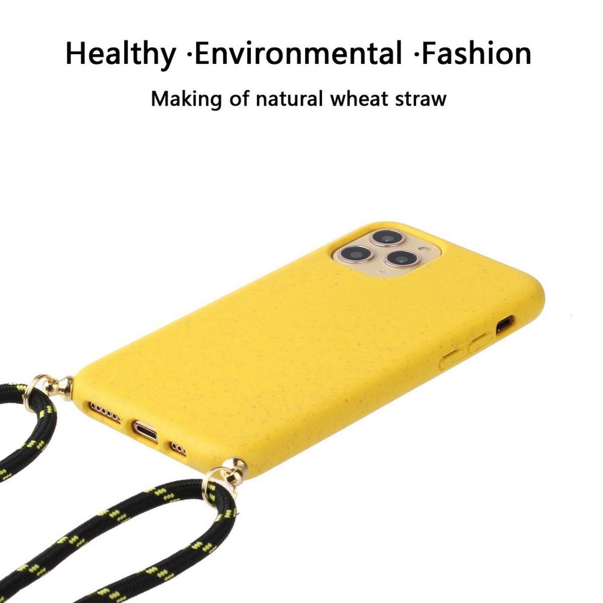 Gelbe Handyhülle mit Lanyard mit schwarzem Band und dem Text: Gesund, Umweltfreundlich, Mode.
