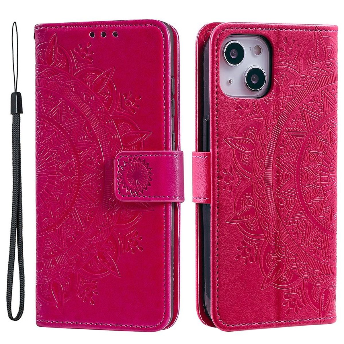 Eine pinkfarbene Handyhülle ist geöffnet. Sie hat ein Mandala-Muster und einen Riemen. Das Telefon ist eingesetzt.