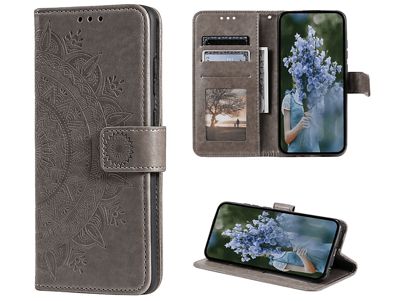 COVERKINGZ Klapphülle mit Mandala Muster, Bookcover, Apple, iPhone 14 Plus, Grau