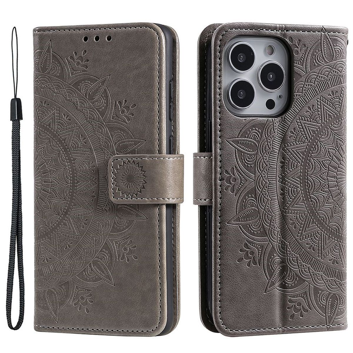 Eine braune Leder-Handyhülle mit Mandala-Design, offen und geschlossen, mit Handschlaufe.