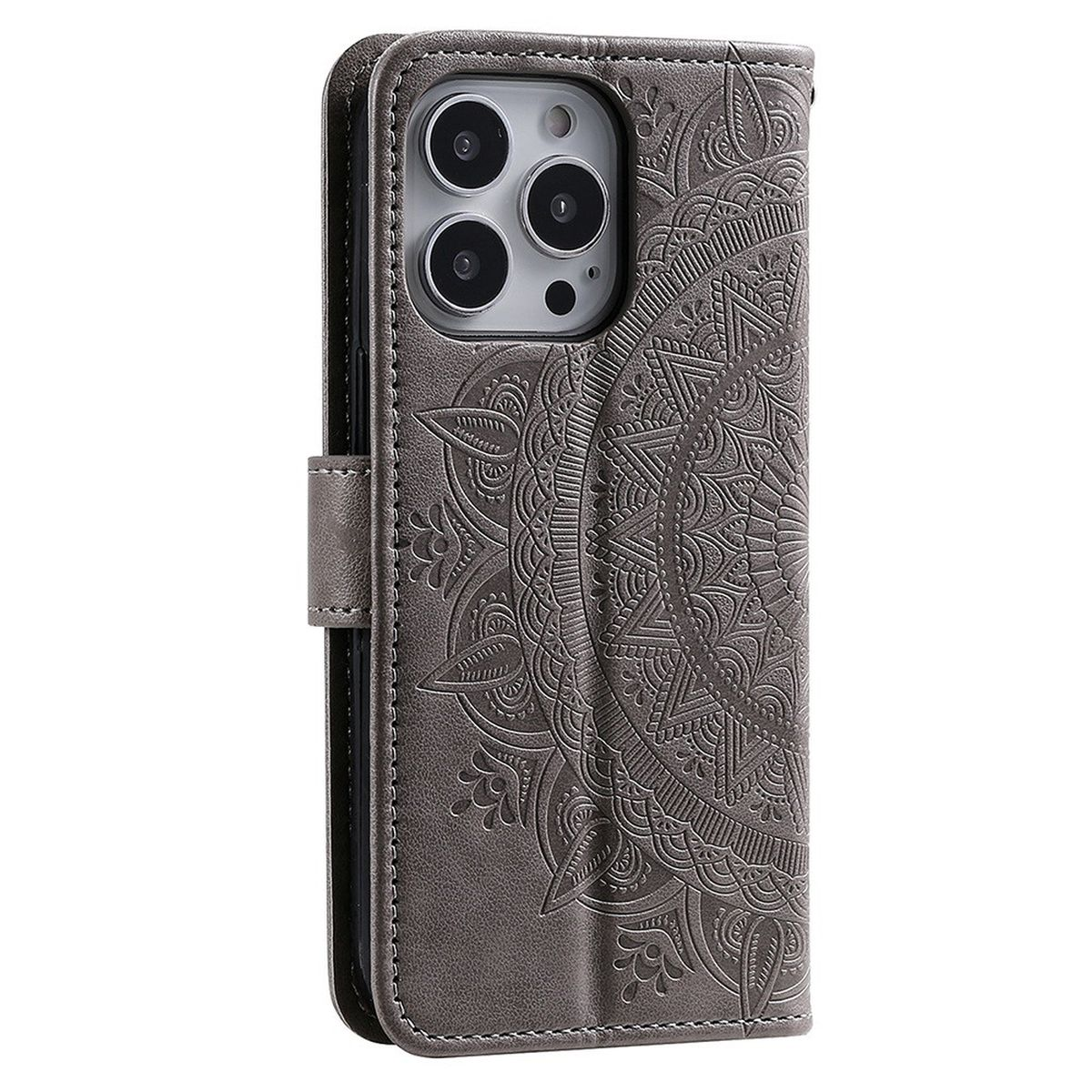 Graue Handyhülle mit Mandala-Design. Gehäuse ist geöffnet, zeigt Telefon und Innendetails.
