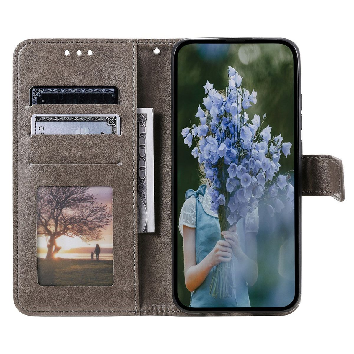 Ein Lederportemonnaie mit einem Telefon, das ein Bild von Blumen anzeigt.