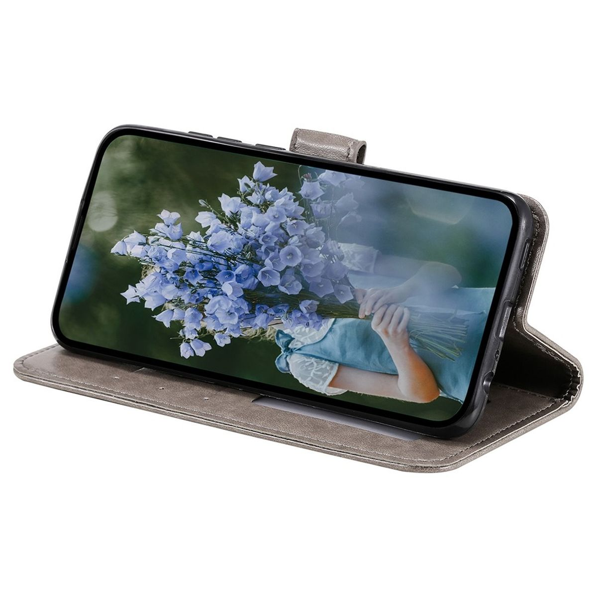 Telefon mit floralem Bildschirm in einer grauen Brieftasche. Die Hülle ist offen.