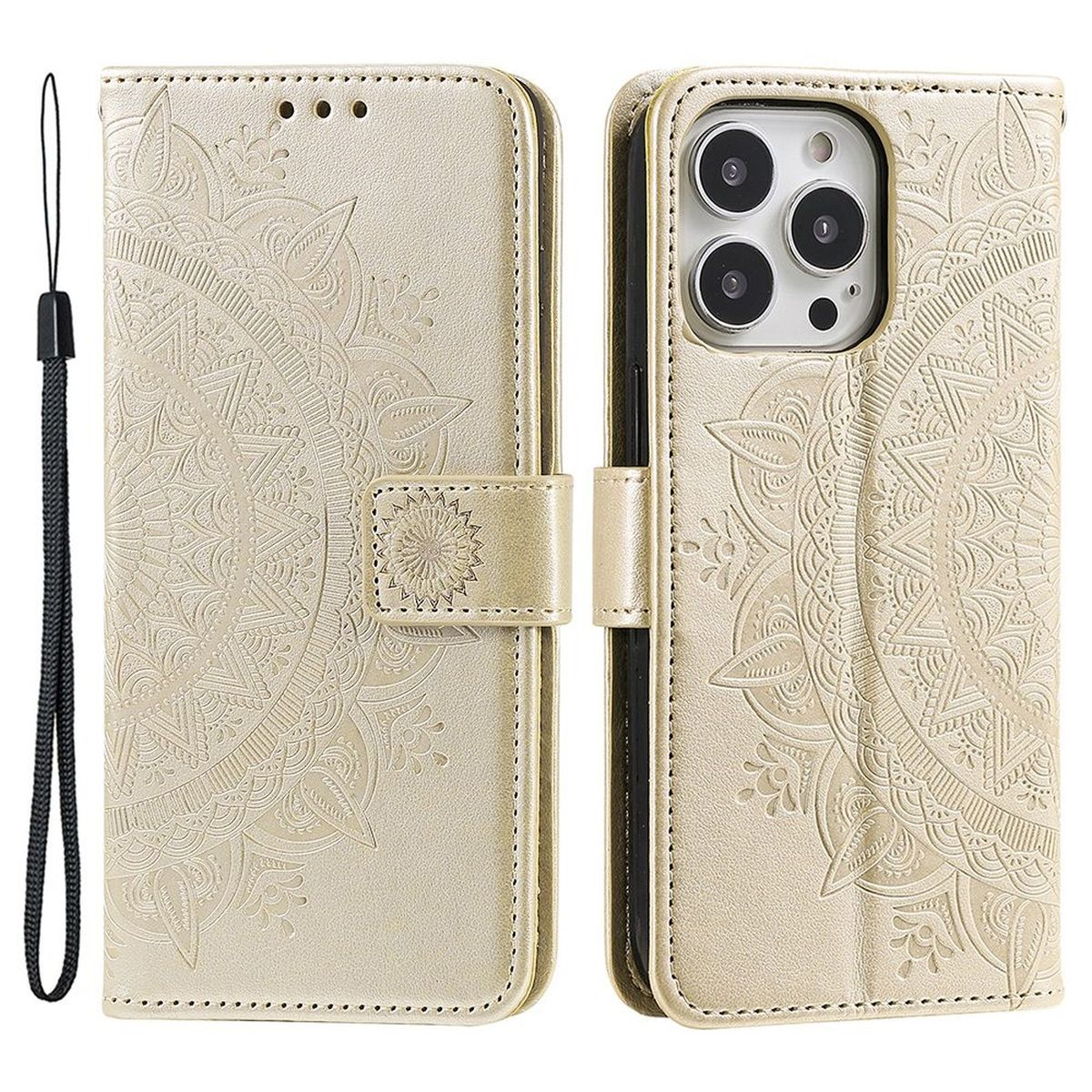 COVERKINGZ 14 Apple, iPhone mit Klapphülle Pro, Mandala Muster, Gold Bookcover,