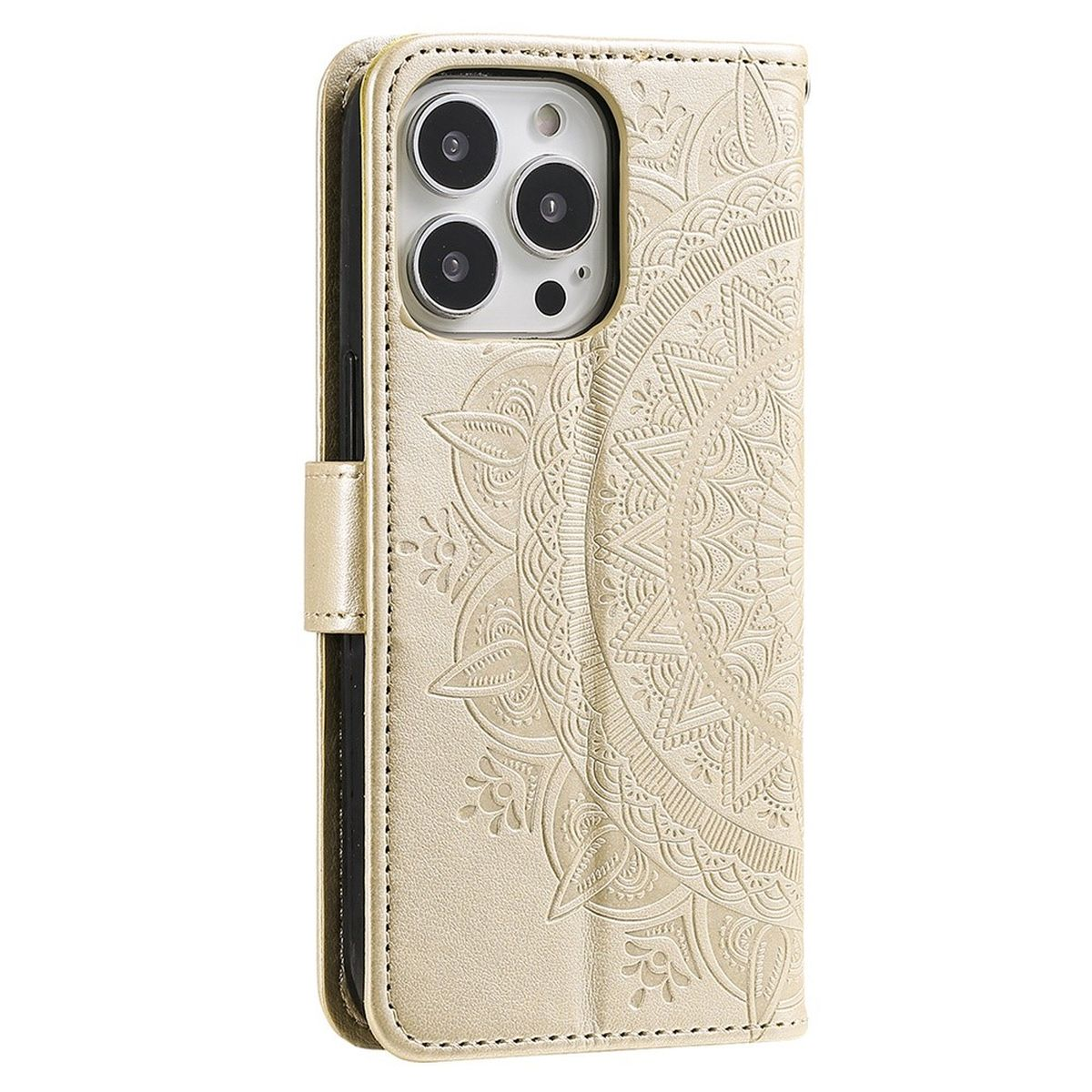 Max, iPhone Bookcover, Klapphülle 14 COVERKINGZ Gold Apple, Mandala Pro mit Muster,